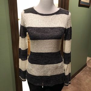 Cremieux Gray & White Striped Sequined Sweater XS